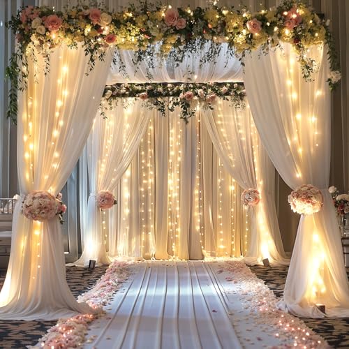 10ft x 10ft White Chiffon Backdrop Curtain with Lights String for Parties,2 Panels Sheer Tulle Curtain Wedding Backdrop wi...