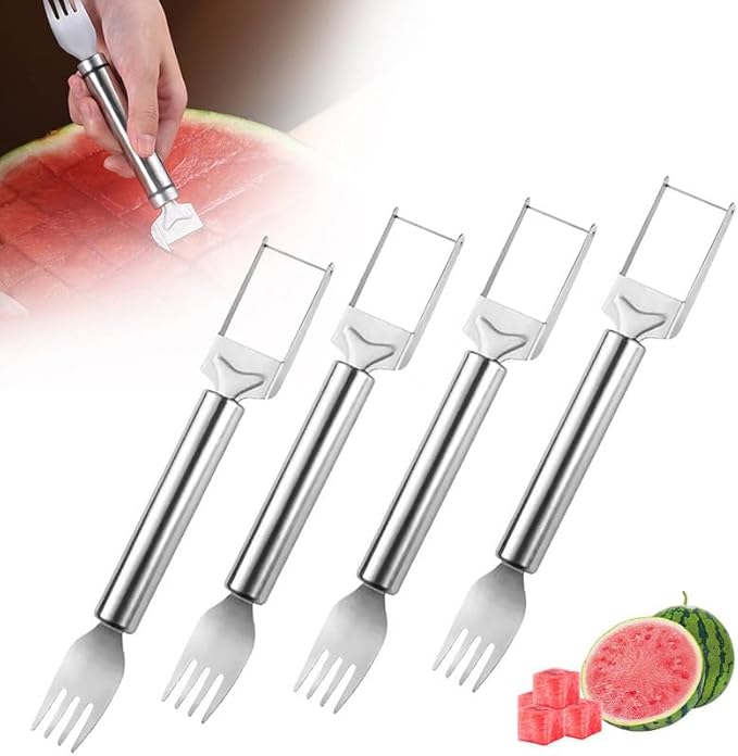 Kruggo 2-in-1 Stainless Steel Fruit Cutter, 2024 Upgraded Watermelon Fork Slicer Cutter Slicer Tool, Dual Head Fruit Forks Slicer Knife with Round Handle (4 PCS)