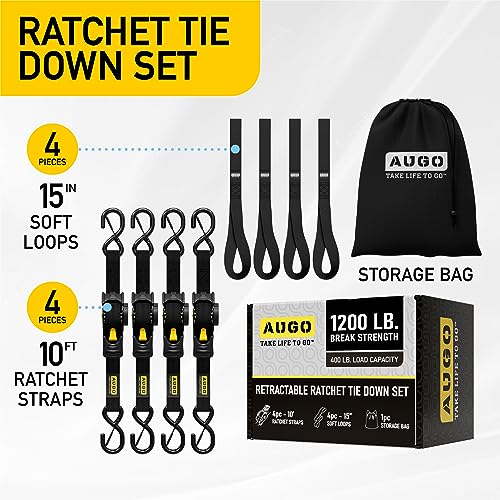 AUGO Retractable Ratchet Straps | 4 Heavy Duty Ratchet Straps Self Retractable Tie Down Straps with Soft Loops & Storage B...