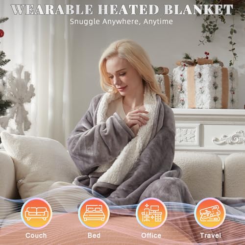 Richtry Electric Blanket Wearable with Foot Pockets & Sleeves, Electric Heated Snuggle Blanket, Flannel & Sherpa Heating T...