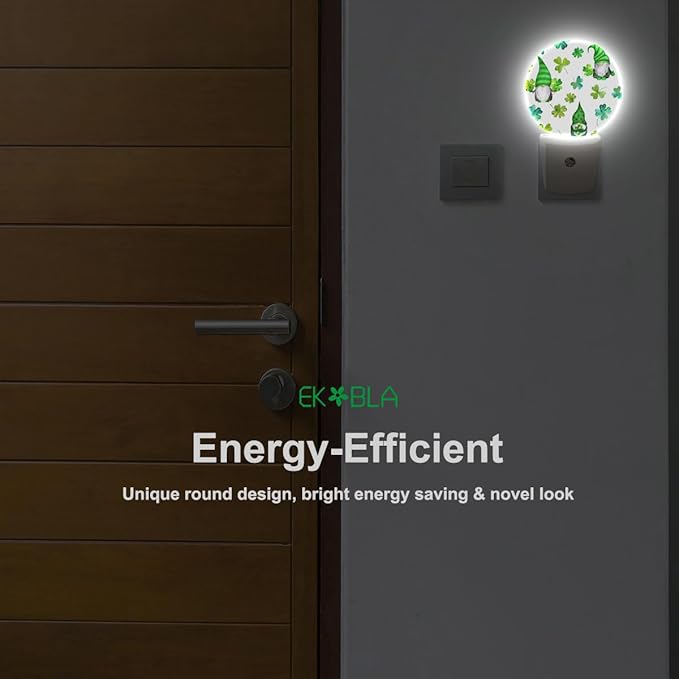 EKOBLA Cute Patrick's Gnome Night Light Green Shamrock Clover Leaves Plug-in Nightlights Auto Sensor LED Plug-in Nightlights for Men Women Girls Boys Home Decor