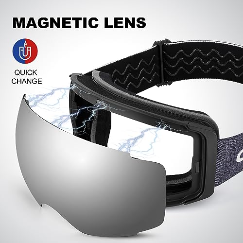 Odoland Magnetic Interchangeable Ski Goggles with 2 Lens, Large Spherical Frameless Snow Snowboard Goggles for Men Women
