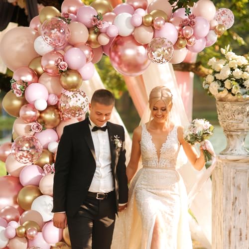 Rose Gold Balloon Garland Arch Kit, 140Pcs Nude Pastel Pink Metallic Gold White Balloons Gold and Rose Gold Confetti Ballo...