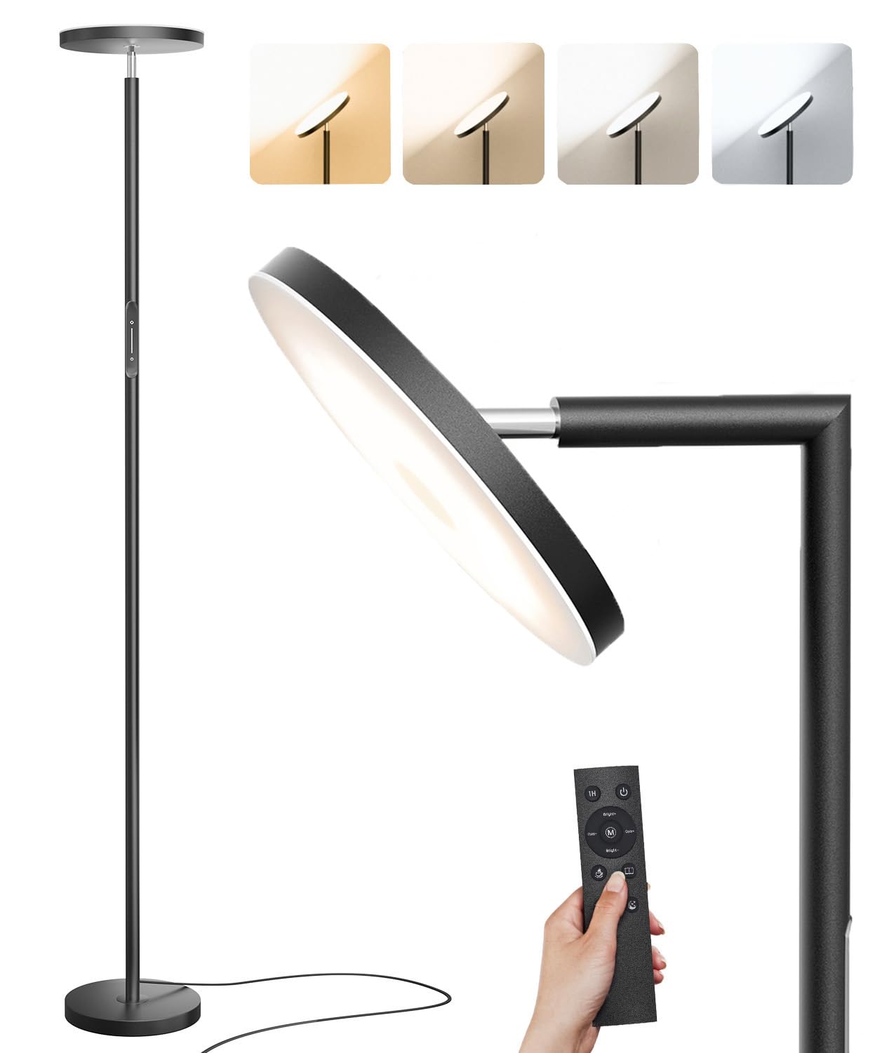 Jeagop LED Torchiere Floor Lamp, 32W 3000LM, 69in Tall, Remote & Touch Control, Black, Model LEDTOFL-B