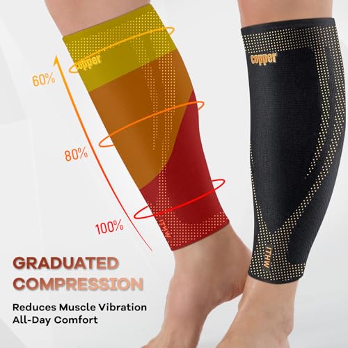 Copper Calf Compression Sleeves for Men & Women - High Stretch Graduated Compression with Anti-Slip Grip | Breathable & Sm...