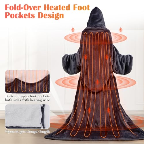 Wearable Heated Blanket with Heated Foot Pocket, Electric Wearable Throw Blanket with Sleeves, Hood, Foldable Foot Pocket,...