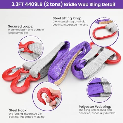 Vigtayue 2 PCS Lifting Slings Straps with Hooks - 3.3 FT, 4409LB Pounds Capacity, Polyester Bridle Sling, Heavy Duty Two L...