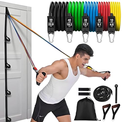 Resistance Bands Set with Door Anchor Training System, 5 Colors Stackable up to 150LBS, Includes 5-Angle Door Training Too...