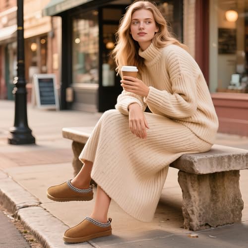 bebealy Genuine Suede Fuzzy Slippers for Women Winter Warm House Shoes Cozy Mini Boots for Indoor Outdoor