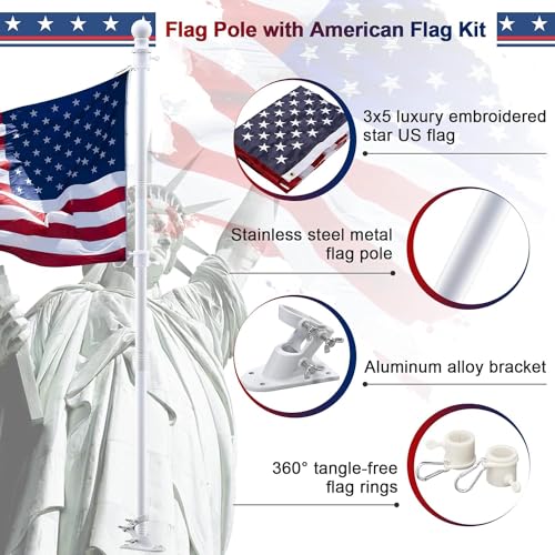 Flag Pole Kit with 3x5 American Flag - Includes 5ft Heavy Duty Tangle Free Flagpole,Embroidered 3X5 US Flag,Aluminum Mount...