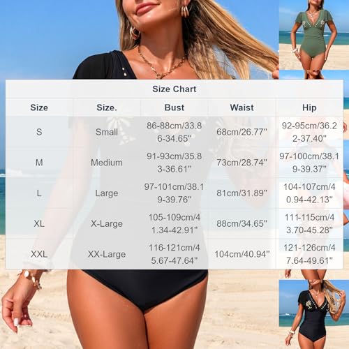 Sinzelimin Women's Monokini Bikini Hawaii Print Beachwear Sexy Deep-V One Piece Ruffles Cap Sleeves Stretchy Comfy Swimsuit