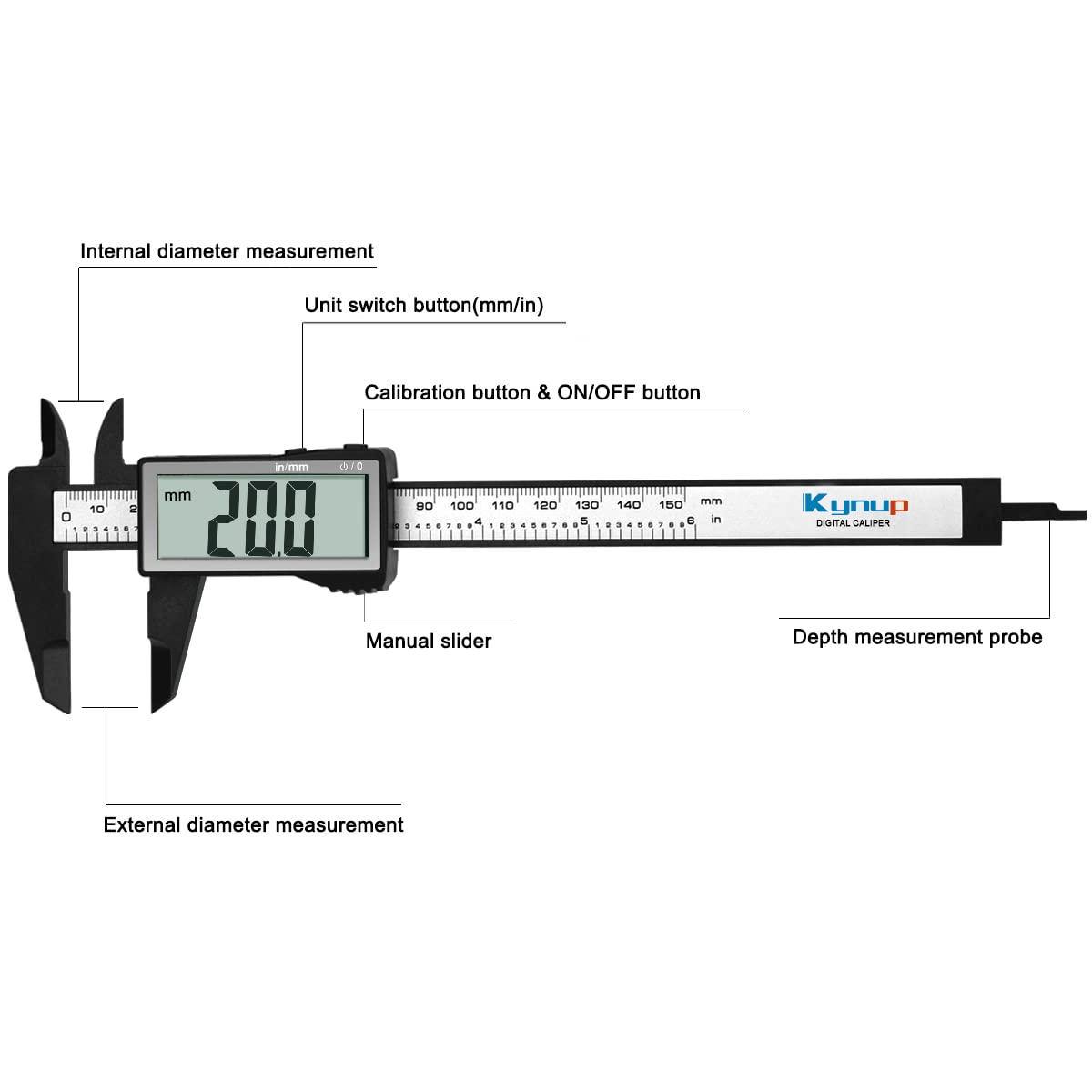 Kynup Caliper Measuring Tool, Digital Caliper Outside Micrometer with Large Screen, Caliper Tool for Mechanics, Jewelers, Woodworkers, Inch and Millimeter Conversion (6Inch)
