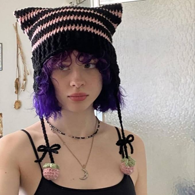 Cat Beanie Beanies Y2k Beanie Knit Hat Grunge Goth y2k Accessories Crochet Hats for Women (Black Green-A)