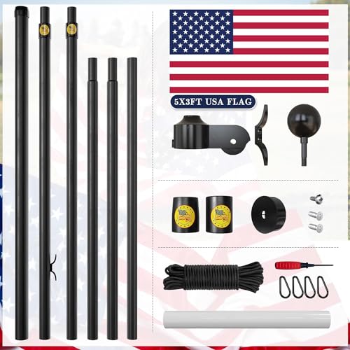 IIOPE 25FT Heavy Duty Flag Pole,14-Gauge Aluminum,Resist Strong Wind Reinforcement Ring Patent,Sectional Black Residential...