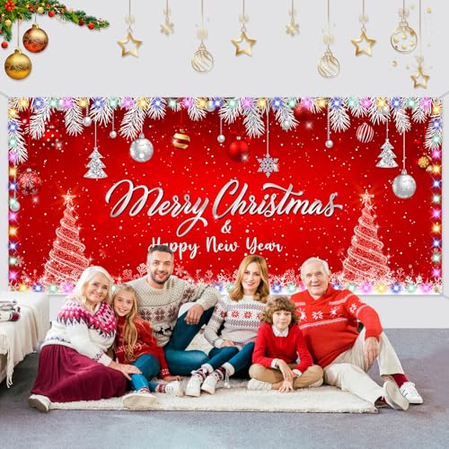 Tatuo Christmas Garage Door Banner with LED Lights 16 x 7 ft Merry Christmas Garage Door Cover Red Xmas Backdrop Decor wit...