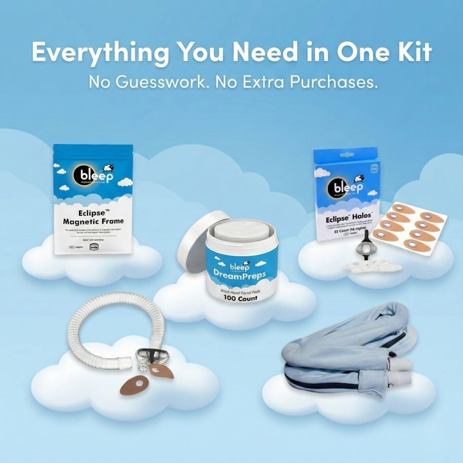 All-in-One CPAP Starter Pack by Bleep - Best CPAP Accessories Kit with Eclipse Mask, Halos, DreamPreps, Hose & Tube - Sleep Apnea Nose Mask for BiPAP Users - Therapy Kit and Supplies for Travel