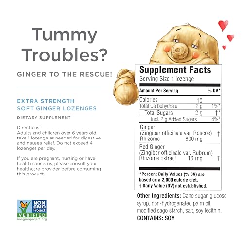 The Ginger People Ginger Rescue Digestive Wellness Lozenges (Soft) | Extra Strength - 800mg | Nausea, Upset Stomach, Motio...