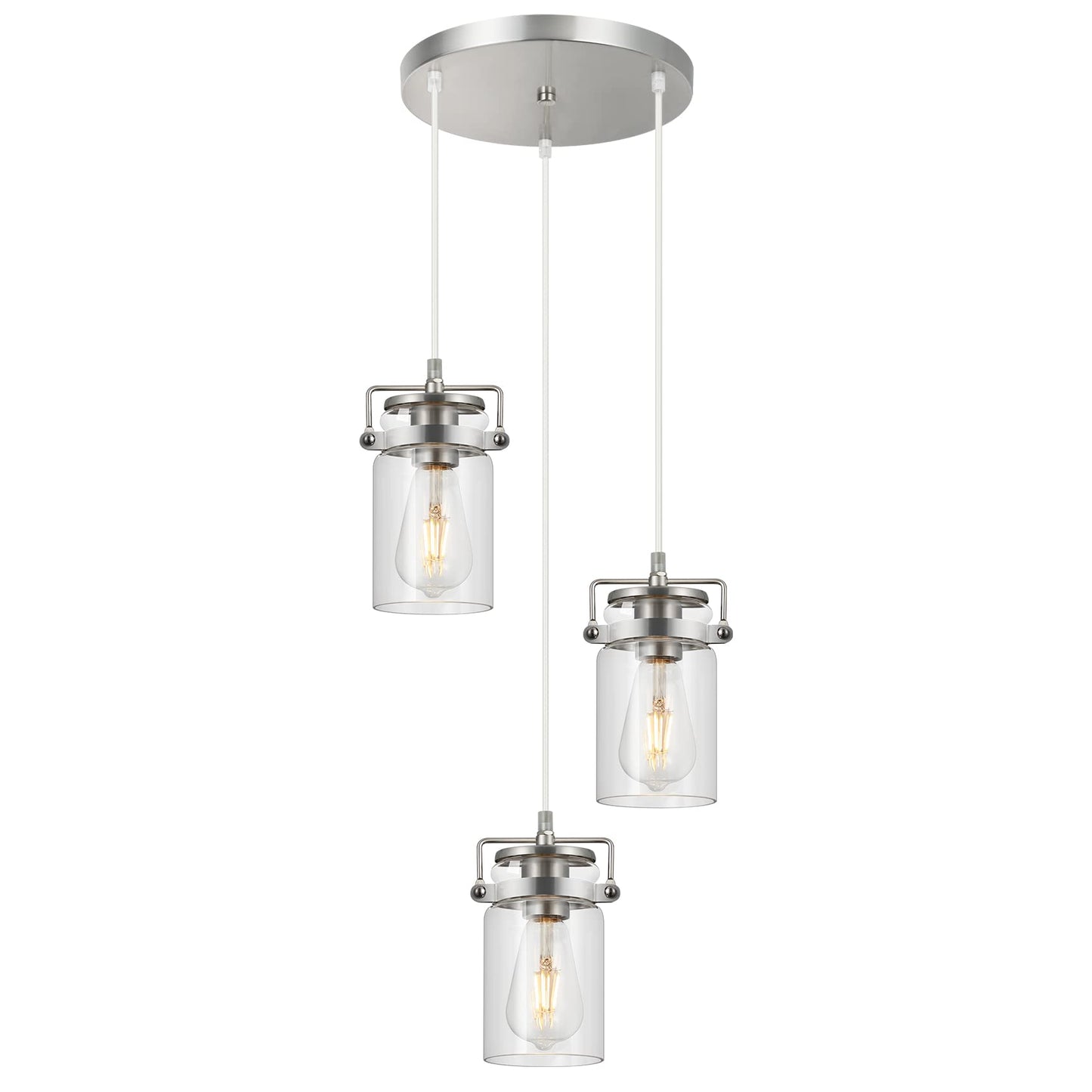 Pendant Lighting For Kitchen Island  Modern Glass Pendant Light Linear Chandelier For Dining Room Industrial 3 Light Hanging Light Fixture Adjustable Cord Farmhouse Ceiling Light Brushed Nickel Finish