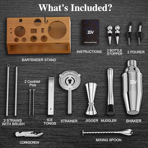 IOV Cocktail Shaker Set Bartender Kit with Stand | Bar Set Drink Mixer Set Includes Martini Shaker, Jigger, Strainer, Mixi...