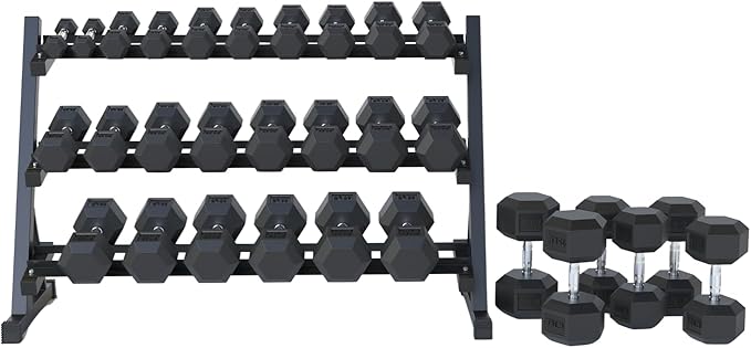 StrengthUSA Rubber Hex Dumbbell Set with Rack, 8/10/12/15/20 Pair (450/550/780/1200/1550/2100 lbs total) Weight Rack with ...