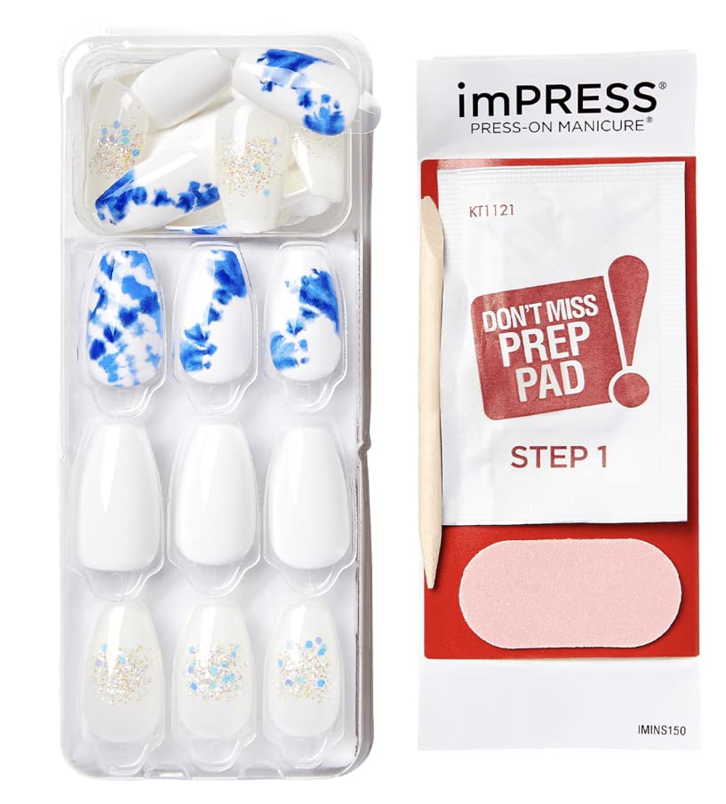 KISS imPRESS No Glue Mani 30 Pcs Press On Nails, White Nails with Glitter, Blue Tie-Dye Design, Medium Size, Coffin Shape Simple