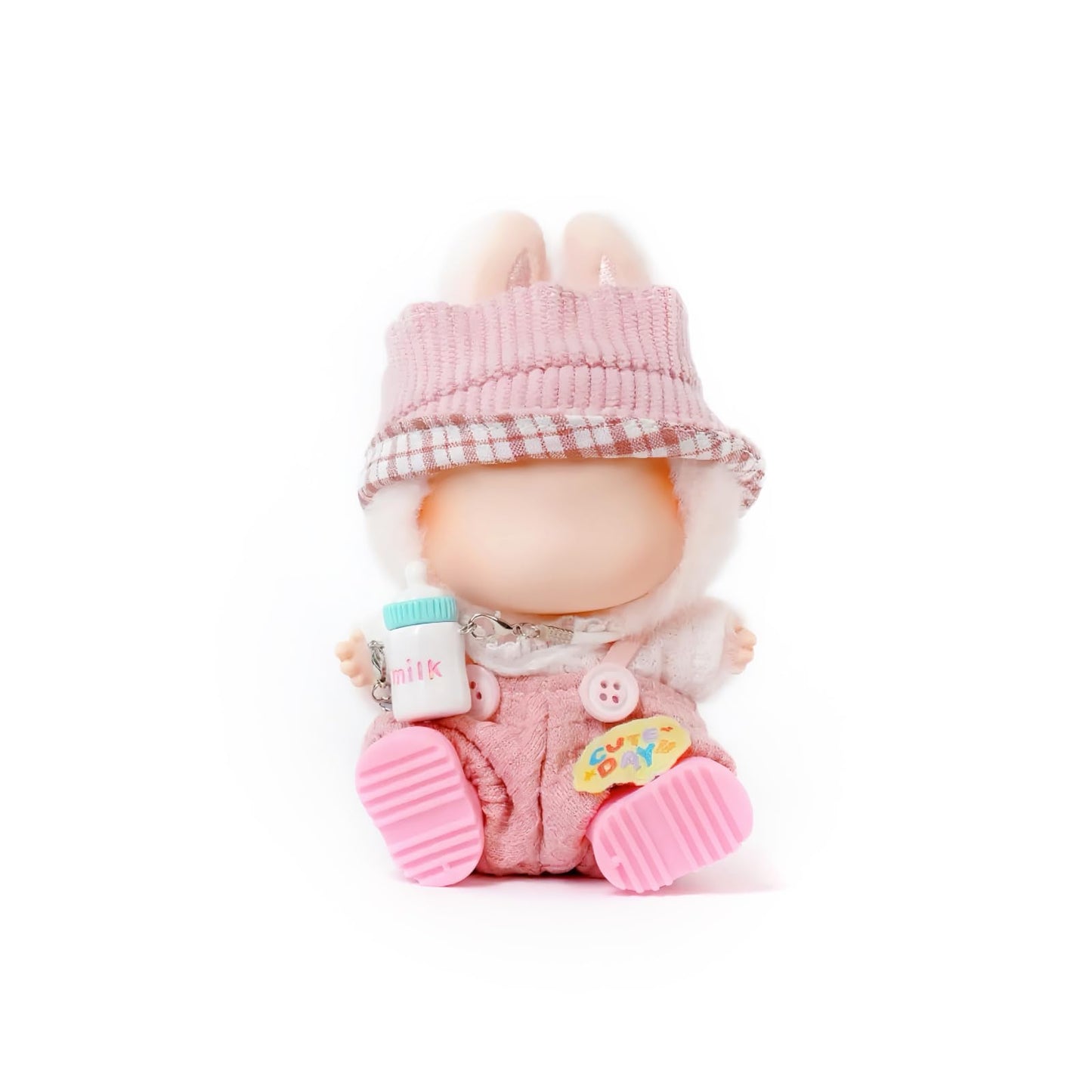 Clothes for Labubu - 5 Pieces Clothing Set for 15cm&17cm Labubu, Cute Dolls Outfits for Girls, with Headband + Undershirt + Overalls + Shoes + Milk Bottle(Pink)