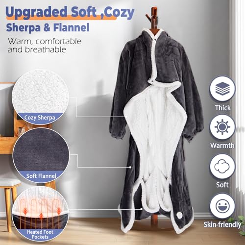 Wearable Heated Blanket with Foot Pocket, Electric Wearable Throw Blanket with Sleeves, Hood, Portable Heated Blanket with...