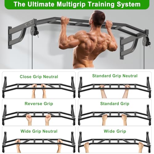 SELEWARE 48'' Heavy Duty Pull Up Bar Wall Mount Multi-function Chin up Bar with Home Gym Cable Pulley System LAT Pulldown ...