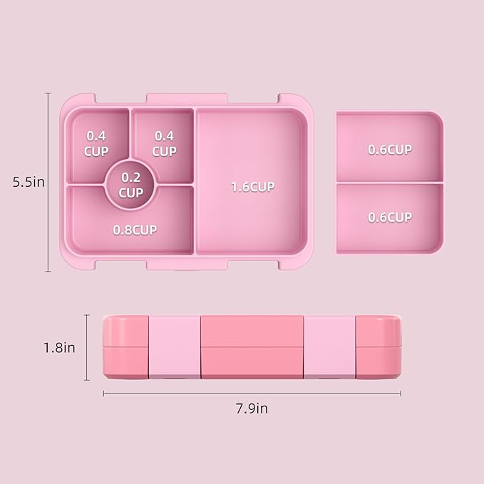 Bento Lunch Box for Kids, 6 Compartments BPA Free, Dishwasher Safe Back to School Snack Bento Lunch Containers Boxes, Ideal Portion Sizes for On-the-Go Meal, Ages 3+, School, Pink
