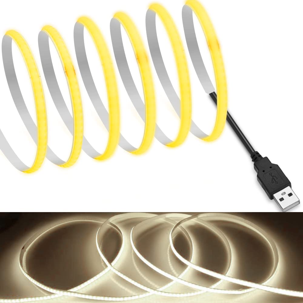 Mdee?Usb Cob Tape Light Led Strip.6.56Ft/2M- Flexible 5Mm Hidden Dc 5V Led Tape With 320 Leds/M For Warm White (4000K) Lighting. Cuttable  Shapeable  Usb Powered. Ideal For Kitchen