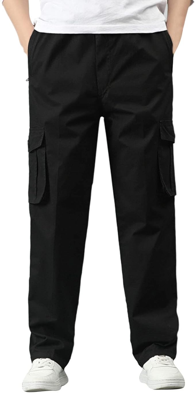 Mens Plus Size Cargo Pants Y2K Trendy Casual Elastic Waisted Cotton Pants Loose Fit Lightweight Straight Leg Hiking Trousers