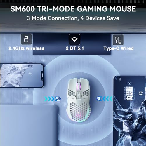 SOLAKAKA SM600 White Wireless Gaming Mouse,Tri-Modes BT5.1/Type-C Wired/2.4G Wireless Mouse with 2 Side Buttons, Programma...