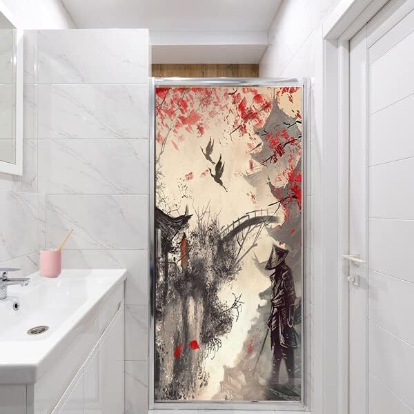 Vintage Japanese Samurai Air Window Film Watercolor Ink Ancient Cherry Blossom Red Sunblackout Window Film,Playroom Window Film 23.6Wx78.7L-Inch X1Pcs
