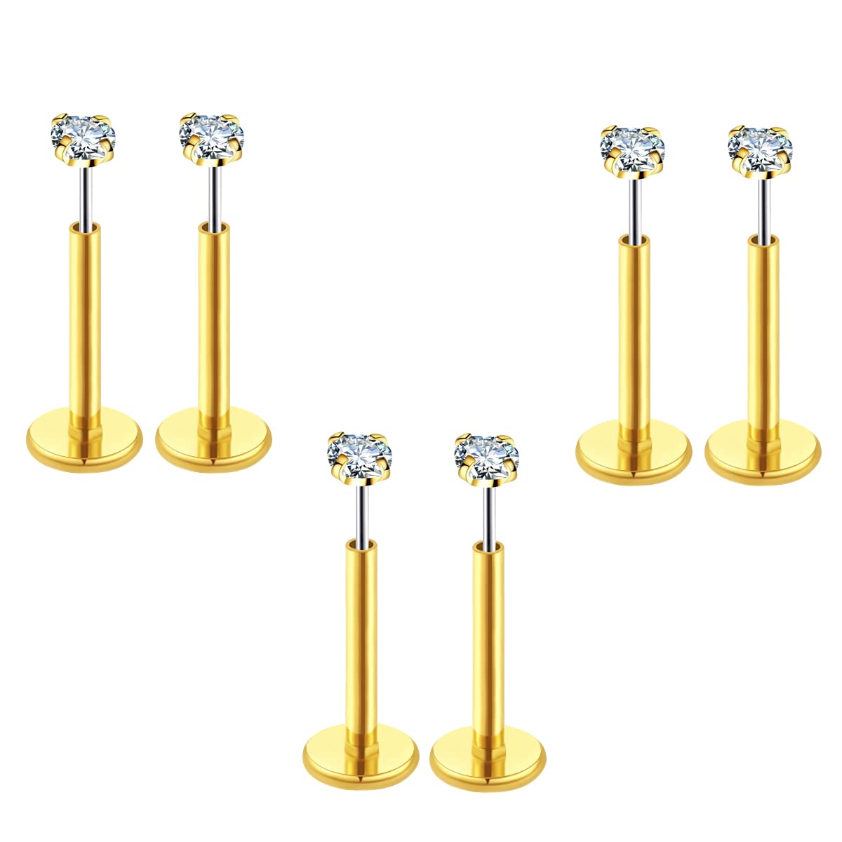 COTATI 20G Flat Back Earrings Stud Threadless Tragus Cartilage Lip Medusa Piercing Jewelry Hypoallergenic (Gold,20G 2/2/2mm CZ)