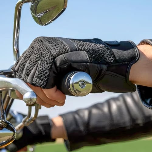 Hot Leathers GVM1026 Mens Black Leather and Mesh Fingerless Gloves-Black-3XL