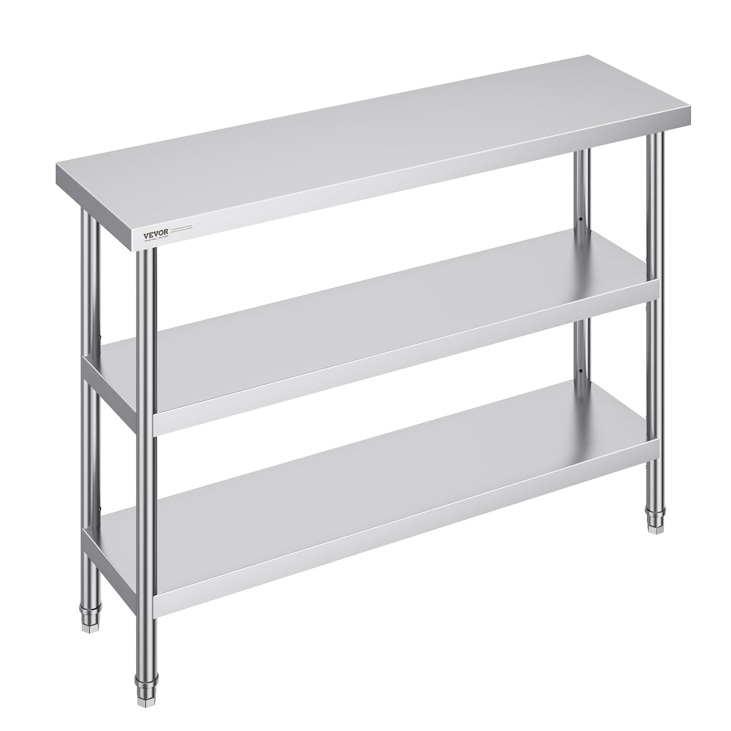 VEVOR Stainless Steel Food Prep Table, 14 x 48 x 34 Inch Commercial Kitchen Worktable, with 2 Adjustable Undershelf, Heavy Duty Prep Metal Work Tables for BBQ, Kitchen, Home, and Garage
