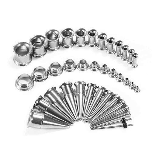 TBOSEN 36PCS Ear Gauge Stretching Kit Stainless Steel Double Flare Alloy Tapers 3 In 1 Plugs Set Eyelet 14G-00G