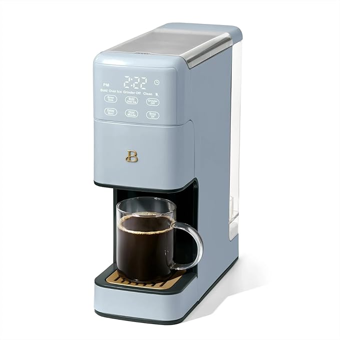 Beautiful Perfect Grind Programmable Single Serve Coffee Maker with Touch-activated Display, Programmable and Integrated Burr Grinder, 64oz Water Reservoir (Cornflower Blue)