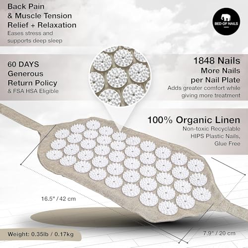 BED OF NAILS Original Premium Comfortable ECO Acupressure Mat Strap Wrap, 1,848 Acupuncture Pressure Points, On The Go Bac...