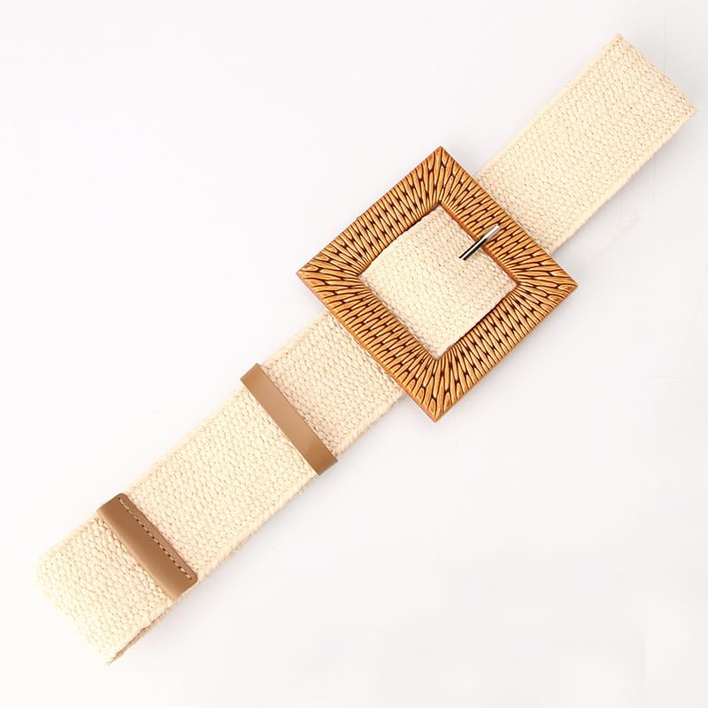 COTIM COYIN Women's Square Buckle Elastic Straw Braided Belts, Woven Boho Waist Belt, Beige