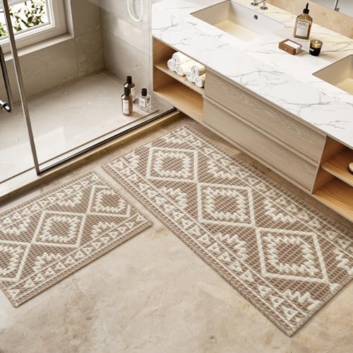 PADOOR-Waffle Bath Mat-Super Absorbent Bath Mats for Bathroom, Machine Washable Non Slip Bathroom Rug with Tassels, Soft B...