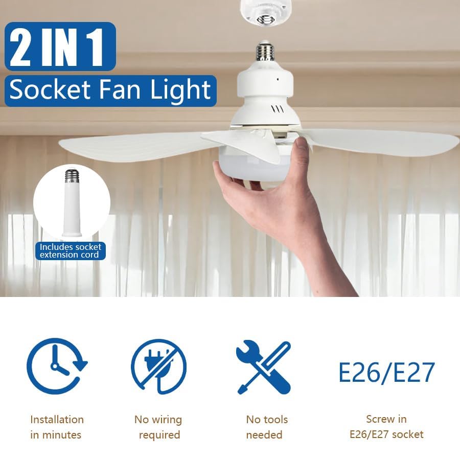 Hqyib Socket Fan Light With Remote - 22 Large Ceiling Fan Lights  2000 Lumens  3 Colors 3000K-6500K  Easy-To-Install E26 Base Screw For Bedroom  Living Room  Kitchen And Garage Lighting