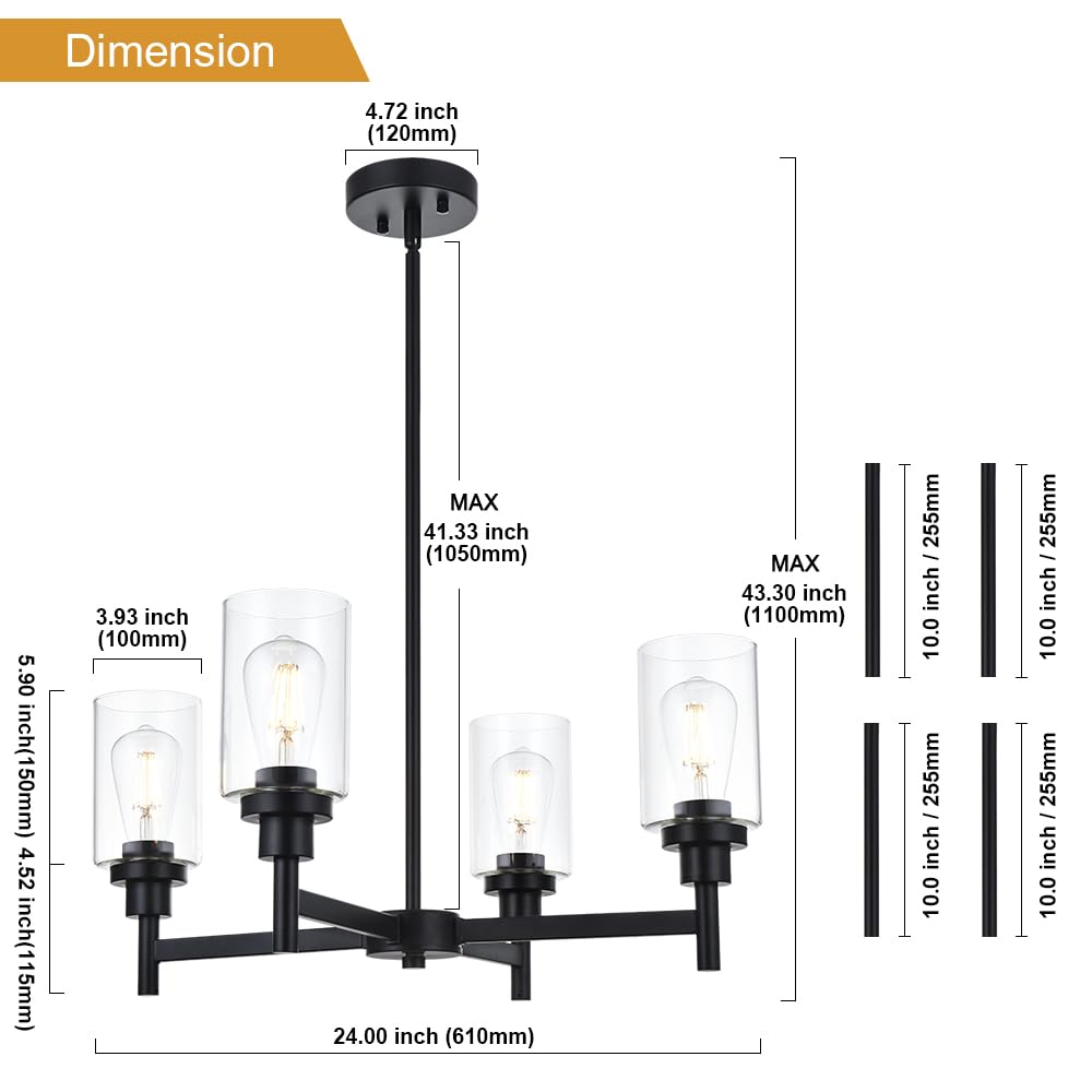 VINLUZ 4 Light Chandelier Black Hanging Light Fixture with Clear Glass for Dining Room and Bedroom - Model 210-4BL