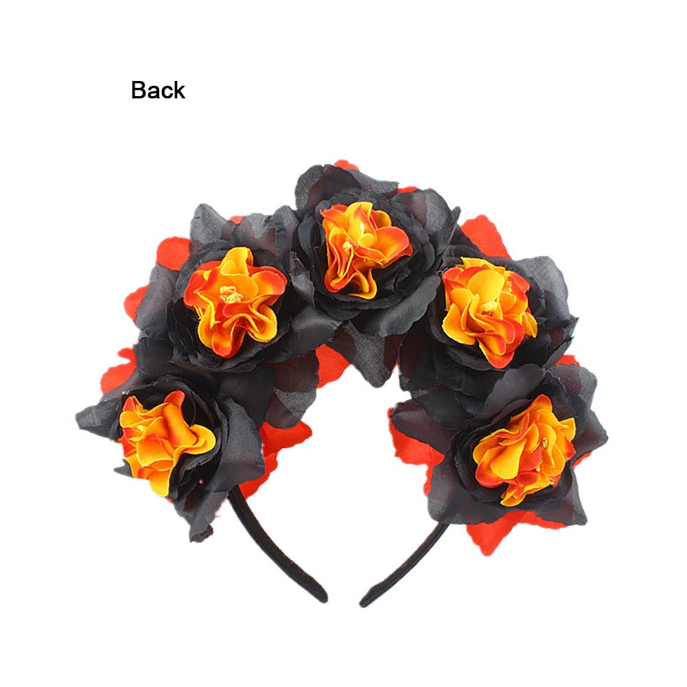 Lofruiin Women's Bohemian Rose Flower Crown Mexican Day of The Dead Headband Halloween Party Costume Headpiece (A- Red Black, Fr