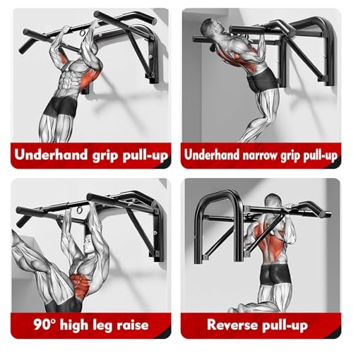 Wall Mounted Pull Up Bar Heavy Duty Steel Chin Up Bar for Home Gym Doorway Wall Installation Multi-Function Upper Body Wor...