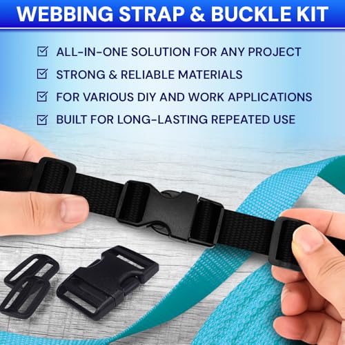 TECEUM Buckles & Strap Kit – 1" Black Nylon Webbing 6 (yd) – 6 Heavy Duty Adjustable Plastic Buckles – 12 Tri-Glide Slide ...