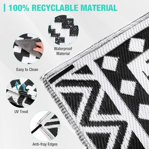 HAUSHOF 5'X8' Outdoor Rug Waterproof with LED Strip Light, Reversible Outdoor Plastic Straw Rug, Patio Rug with 4 Rug Stak...