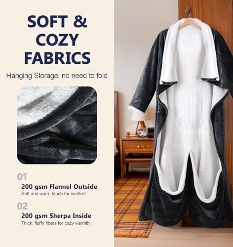 PASAMIC Electric Wearable Heated Blanket with Foot Pocket, Heated Blanket Wearable with Sleeves, Flannel & Sherpa Electric...