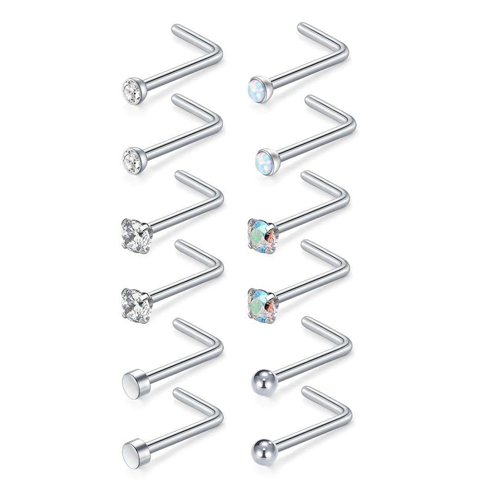 MODRSA 20g 18g Nose Rings Studs Surgical Steel Nostril Piercing Jewelry L Shaped Screw Opal CZ Tragus Helix Cartilage Earrings F