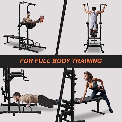 SculPong Pull Up Bar Station Adjustable Power Tower for Home Gym Strength Training Dip Stands with Bench